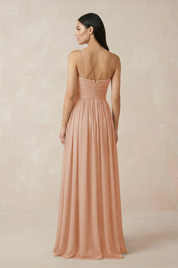 Halter Neck A - Line Chiffon Bridesmaid Dress in Champagne Rose - KissProm Bridesmaid Dresses