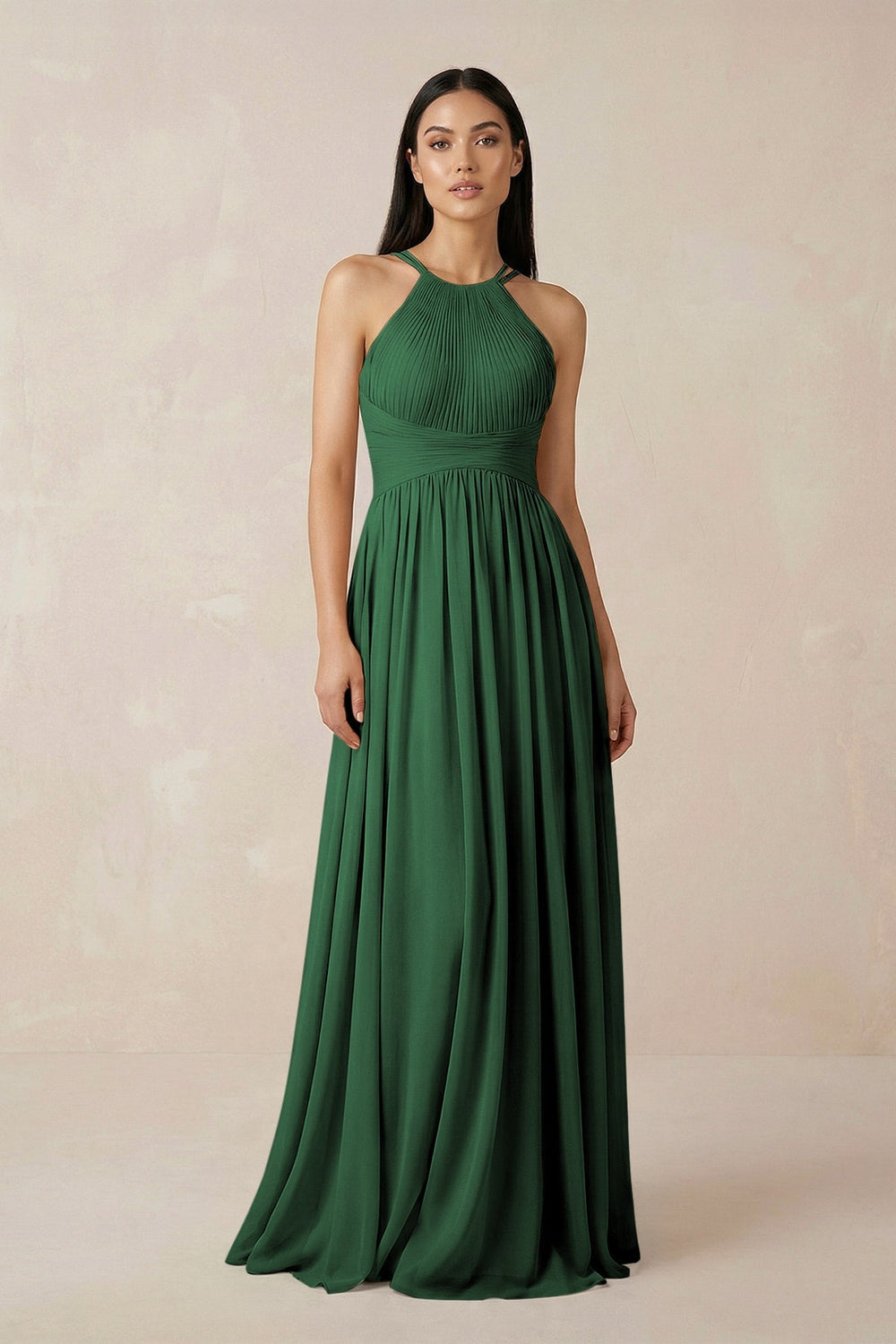 Halter Neck A - Line Chiffon Bridesmaid Dress in Dark Green - KissProm Bridesmaid Dresses
