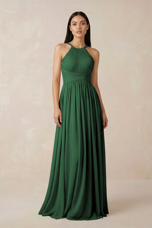 Halter Neck A - Line Chiffon Bridesmaid Dress in Dark Green - KissProm Bridesmaid Dresses