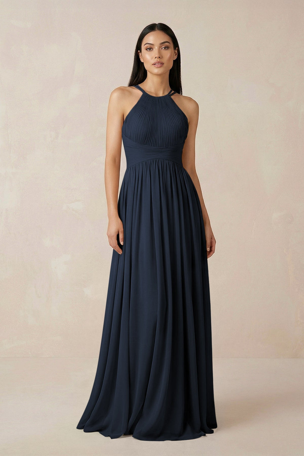 Halter Neck A - Line Chiffon Bridesmaid Dress in Dark Navy - KissProm Bridesmaid Dresses