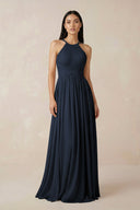 Halter Neck A - Line Chiffon Bridesmaid Dress in Dark Navy - KissProm Bridesmaid Dresses
