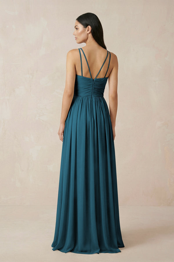 Halter Neck A - Line Chiffon Bridesmaid Dress in Dark Teal - KissProm Bridesmaid Dresses