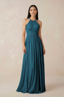 Halter Neck A - Line Chiffon Bridesmaid Dress in Dark Teal - KissProm Bridesmaid Dresses