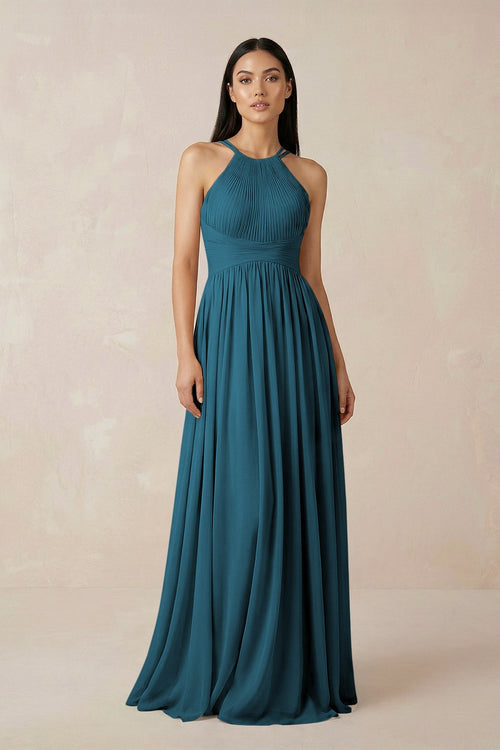 Halter Neck A - Line Chiffon Bridesmaid Dress in Dark Teal - KissProm Bridesmaid Dresses