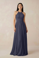 Halter Neck A - Line Chiffon Bridesmaid Dress in Dusk Blue - KissProm Bridesmaid Dresses