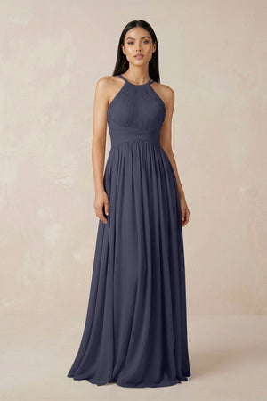 Halter Neck A - Line Chiffon Bridesmaid Dress in Dusk Blue - KissProm Bridesmaid Dresses