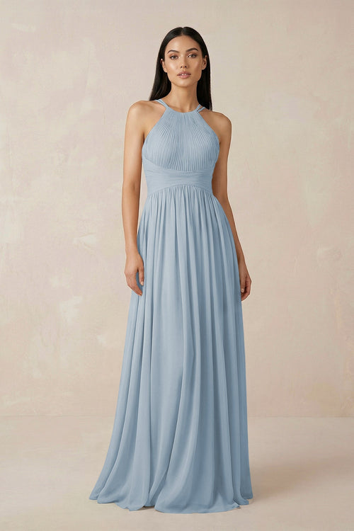Halter Neck A - Line Chiffon Bridesmaid Dress in Dusty Blue - KissProm Bridesmaid Dresses
