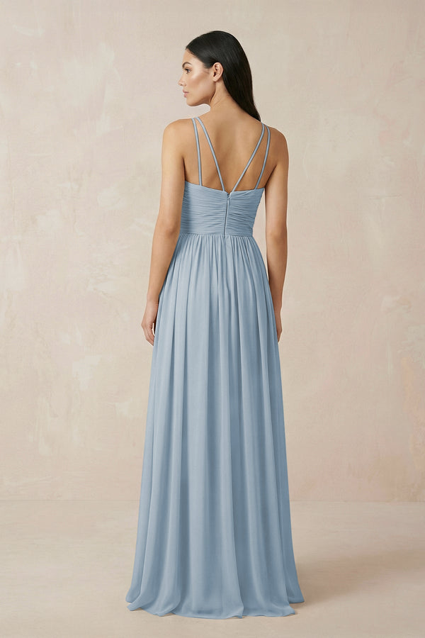 Halter Neck A - Line Chiffon Bridesmaid Dress in Dusty Blue - KissProm Bridesmaid Dresses