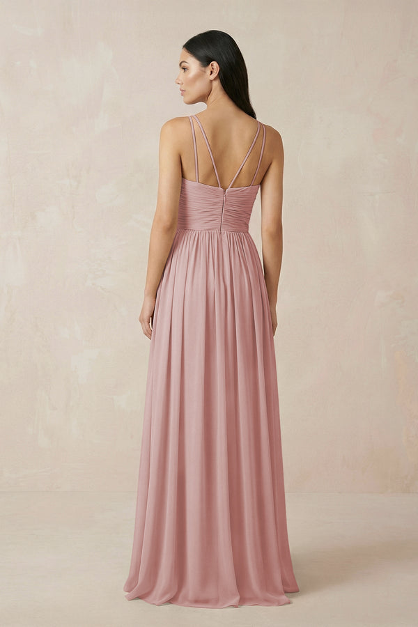 Halter Neck A - Line Chiffon Bridesmaid Dress in Dusty Rose - KissProm Bridesmaid Dresses