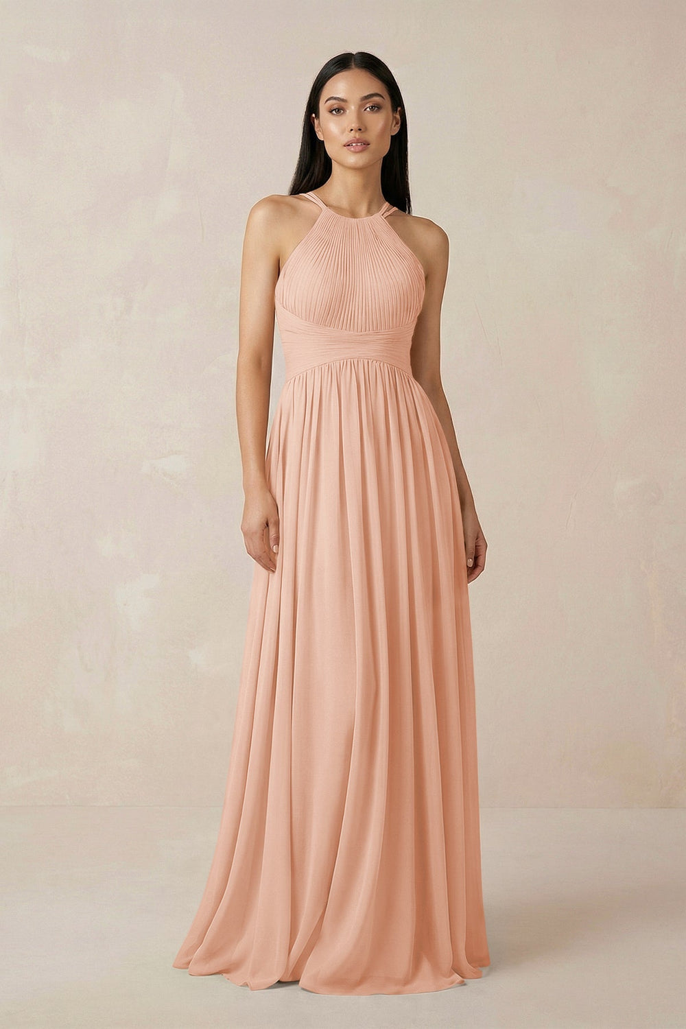 Halter Neck A - Line Chiffon Bridesmaid Dress in English Rose - KissProm Bridesmaid Dresses