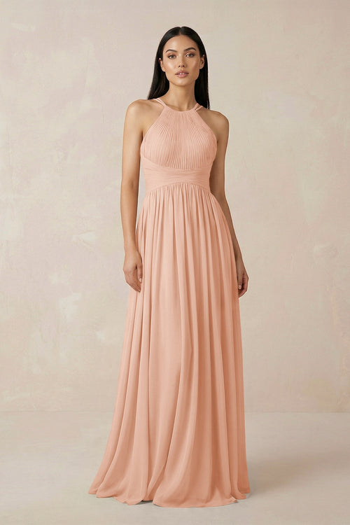 Halter Neck A - Line Chiffon Bridesmaid Dress in English Rose - KissProm Bridesmaid Dresses
