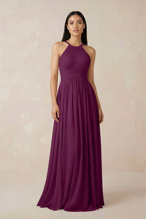 Halter Neck A - Line Chiffon Bridesmaid Dress in Fig - KissProm Bridesmaid Dresses