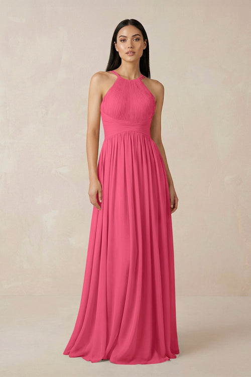 Halter Neck A - Line Chiffon Bridesmaid Dress in Fuchsia - KissProm Bridesmaid Dresses