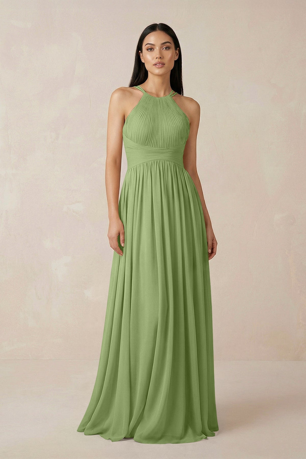 Halter Neck A - Line Chiffon Bridesmaid Dress in Matcha - KissProm Bridesmaid Dresses