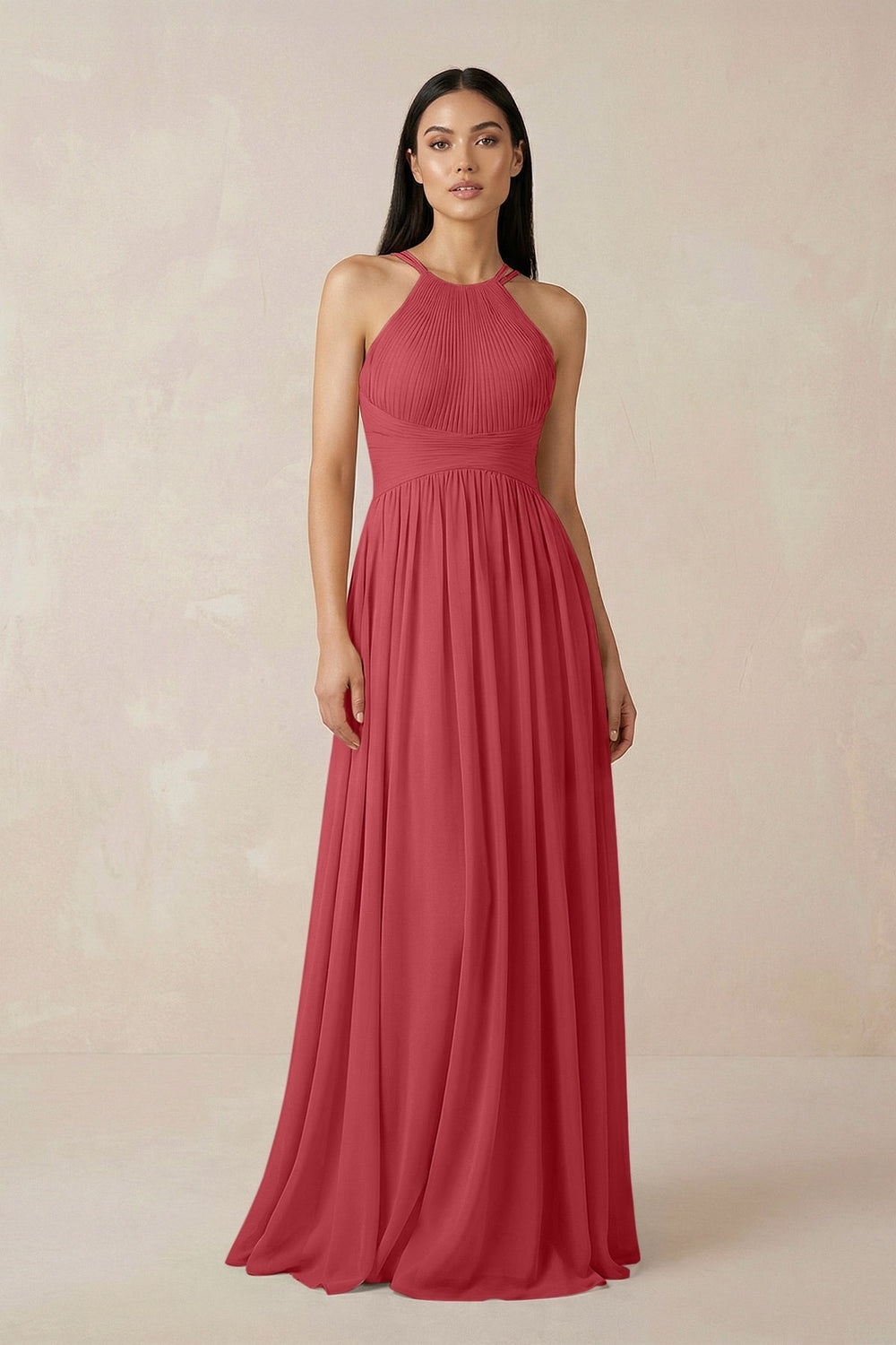 Halter Neck A - Line Chiffon Bridesmaid Dress in Merlot - KissProm Bridesmaid Dresses