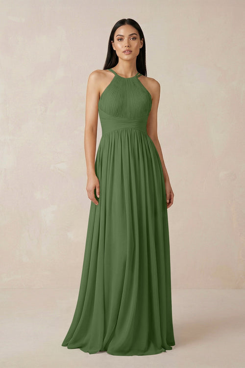 Halter Neck A - Line Chiffon Bridesmaid Dress in Moss - KissProm Bridesmaid Dresses