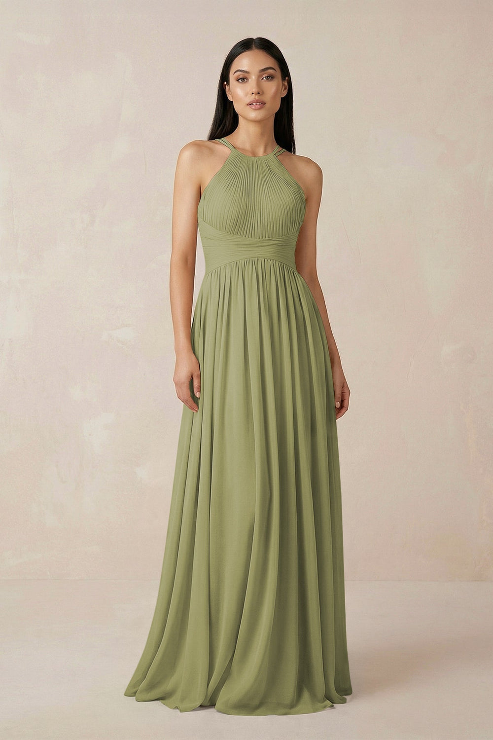 Halter Neck A - Line Chiffon Bridesmaid Dress in Moss Green - KissProm Bridesmaid Dresses