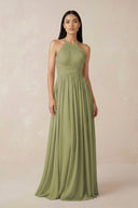 Halter Neck A - Line Chiffon Bridesmaid Dress in Moss Green - KissProm Bridesmaid Dresses