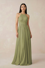 Halter Neck A - Line Chiffon Bridesmaid Dress in Moss Green - KissProm Bridesmaid Dresses