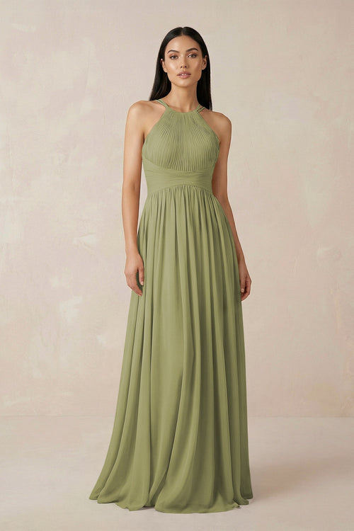Halter Neck A - Line Chiffon Bridesmaid Dress in Moss Green - KissProm Bridesmaid Dresses