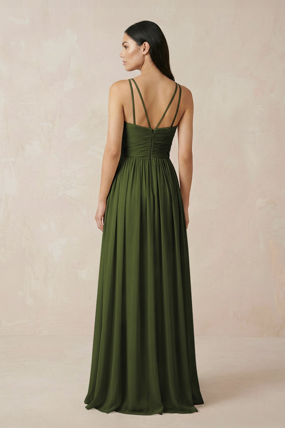 Halter Neck A - Line Chiffon Bridesmaid Dress in Olive - KissProm Bridesmaid Dresses