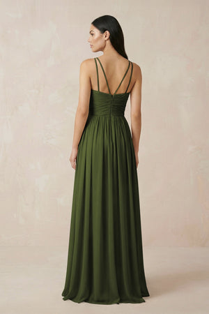 Halter Neck A - Line Chiffon Bridesmaid Dress in Olive - KissProm Bridesmaid Dresses