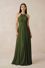 Halter Neck A - Line Chiffon Bridesmaid Dress in Olive - KissProm Bridesmaid Dresses