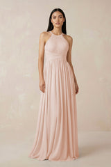 Halter Neck A - Line Chiffon Bridesmaid Dress in Pale Blush - KissProm Bridesmaid Dresses