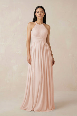 Halter Neck A - Line Chiffon Bridesmaid Dress in Pale Blush - KissProm Bridesmaid Dresses