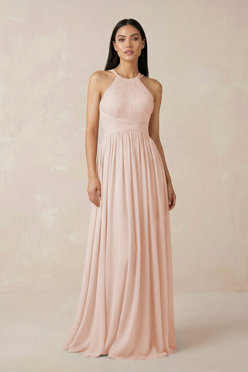 Halter Neck A - Line Chiffon Bridesmaid Dress in Pale Blush - KissProm Bridesmaid Dresses