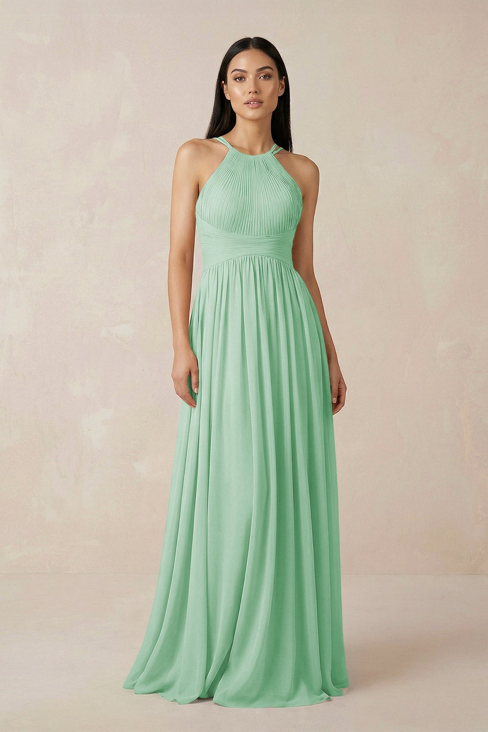 Halter Neck A - Line Chiffon Bridesmaid Dress in Pale Pistachio - KissProm Bridesmaid Dresses