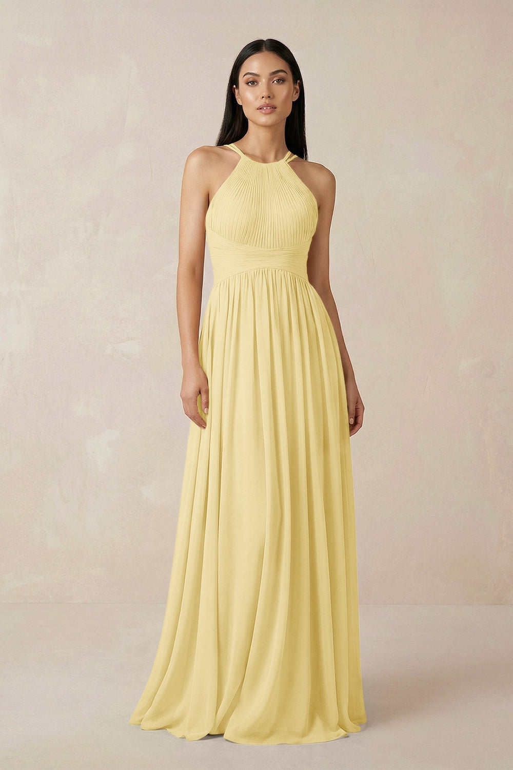 Halter Neck A - Line Chiffon Bridesmaid Dress in Pastel Yellow - KissProm Bridesmaid Dresses