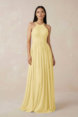 Halter Neck A - Line Chiffon Bridesmaid Dress in Pastel Yellow - KissProm Bridesmaid Dresses