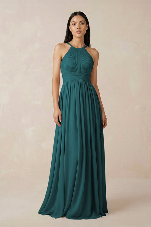 Halter Neck A - Line Chiffon Bridesmaid Dress in Pine - KissProm Bridesmaid Dresses