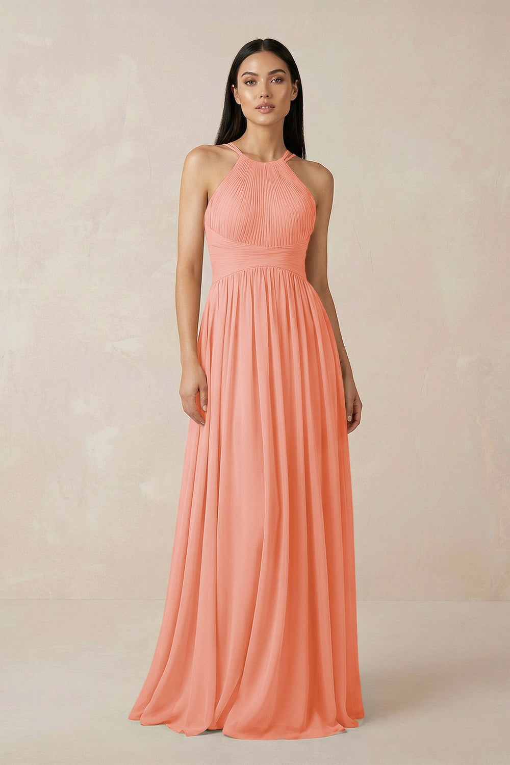 Halter Neck A - Line Chiffon Bridesmaid Dress in Rosette - KissProm Bridesmaid Dresses