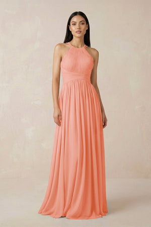 Halter Neck A - Line Chiffon Bridesmaid Dress in Rosette - KissProm Bridesmaid Dresses