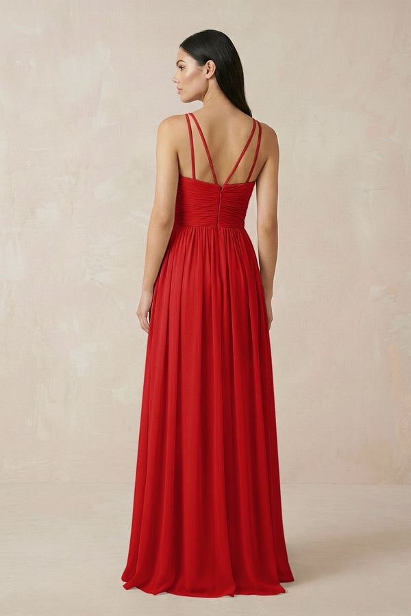 Halter Neck A - Line Chiffon Bridesmaid Dress in Ruby Red - KissProm Bridesmaid Dresses