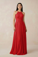 Halter Neck A - Line Chiffon Bridesmaid Dress in Ruby Red - KissProm Bridesmaid Dresses
