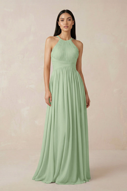 Halter Neck A - Line Chiffon Bridesmaid Dress in Sage - KissProm Bridesmaid Dresses