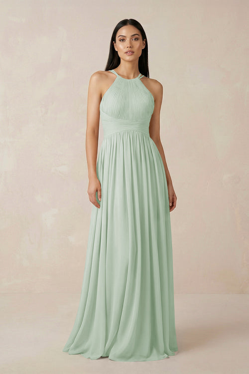 Halter Neck A - Line Chiffon Bridesmaid Dress in Sage - KissProm Bridesmaid Dresses