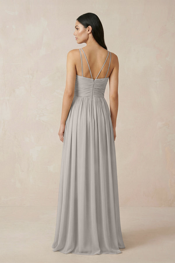 KissProm Halter Neck A-Line Chiffon Bridesmaid Dress in Silver, Silver / Custom Size( Free )