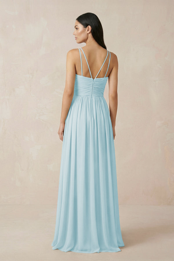 Halter Neck A - Line Chiffon Bridesmaid Dress in Sky Blue - KissProm Bridesmaid Dresses