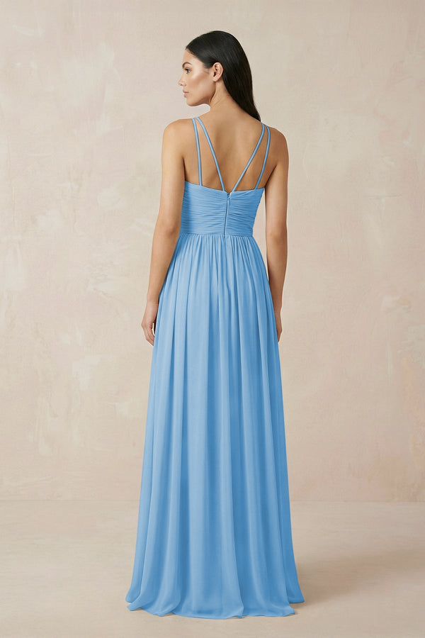 Halter Neck A - Line Chiffon Bridesmaid Dress in Steel Blue - KissProm Bridesmaid Dresses
