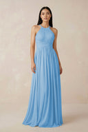 Halter Neck A - Line Chiffon Bridesmaid Dress in Steel Blue - KissProm Bridesmaid Dresses