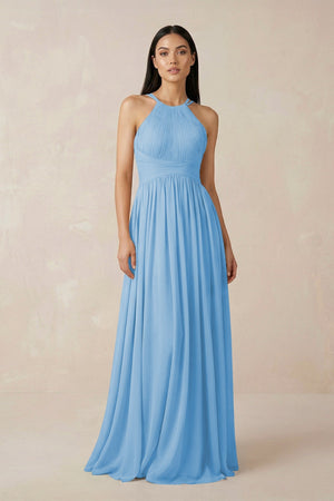 Halter Neck A - Line Chiffon Bridesmaid Dress in Steel Blue - KissProm Bridesmaid Dresses