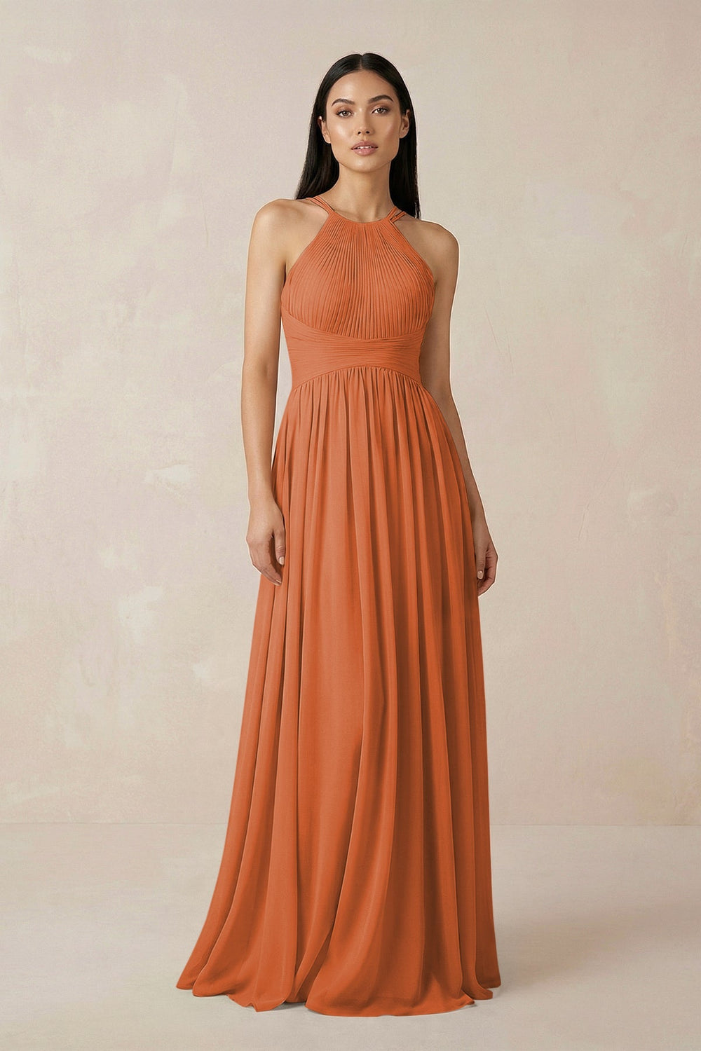 Halter Neck A - Line Chiffon Bridesmaid Dress in Terracotta - KissProm Bridesmaid Dresses