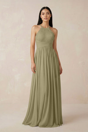 Halter Neck A - Line Chiffon Bridesmaid Dress in Thyme - KissProm Bridesmaid Dresses