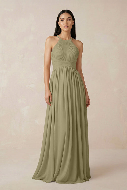 Halter Neck A - Line Chiffon Bridesmaid Dress in Thyme - KissProm Bridesmaid Dresses