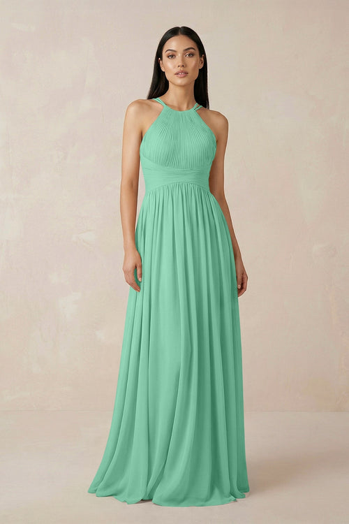 Halter Neck A - Line Chiffon Bridesmaid Dress in Turquoise - KissProm Bridesmaid Dresses