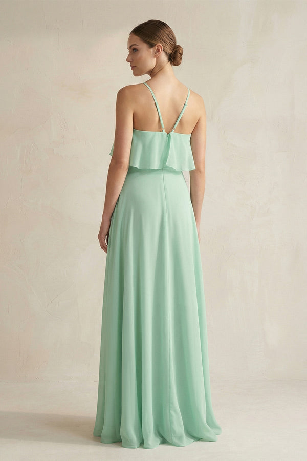 Halter Neck A-Line Chiffon Bridesmaid Dress with Keyhole in Pale Pistachio - KissProm BRIDESMAID DRESSES